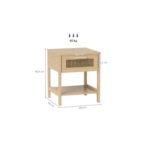 Table de chevet table de nuit table d'appoint, table de chevet naturelle avec tiroir et étagère ouverte, design rotin naturel 40 x 40 x 48,4 cm (1/5)