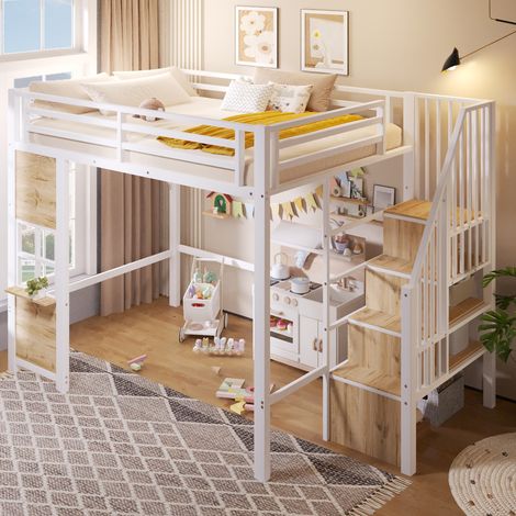Lit mezzanine enfant 140x200cm en métal avec échelle rangement, fenêtre,garde corps,rangement ouvert sous le lit,cadre de lit superposé double,Blanc (1/5)
