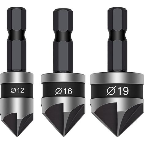 Lot de 3 forets à tête fraisée à 5 bords 12 19 mm avec tige hexagonale Outils de travail du bois en acier rapide Fraise à chanfreiner à 90 degrés Noir (1/5)