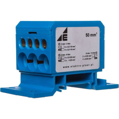 Verteilerblock 2x4-50mm2/3x2,5-25mm2/4x2,5-16mm2 blau, flach und mit Schienenmontage DB1-N 48.11