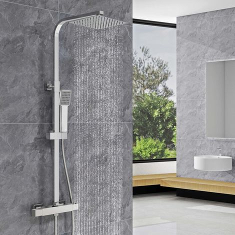 AICA Bathroom Thermostatic Exposed Shower Mixer Twin head Large Square Bar Set Chrome (1/5)