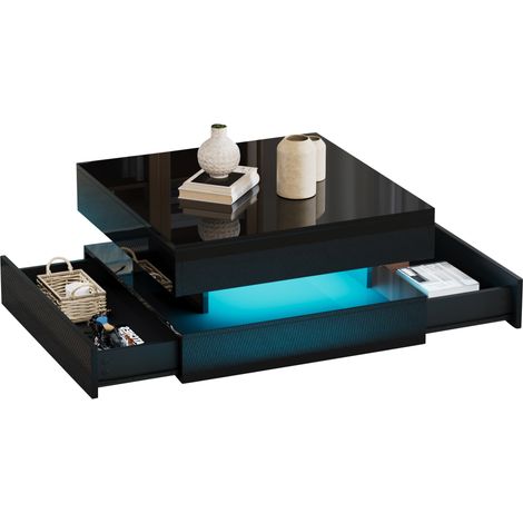Table basse relevable 65x65x38,5 cm en panneaux de bois noir, avec rangement pour salon - FLORAGRACE (1/5)