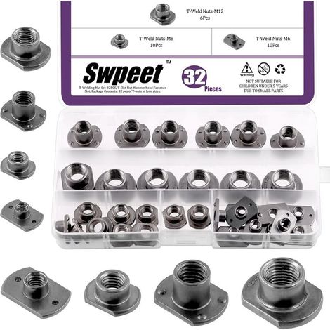 32pcs M6 M8 M10 M12 Kit écrou de soudage en t noir, base de patte UNC vis pour machine en acier au carbone, fixation de capot de soudage, idéal pour les roulettes de véhicules de meubles (1/5)