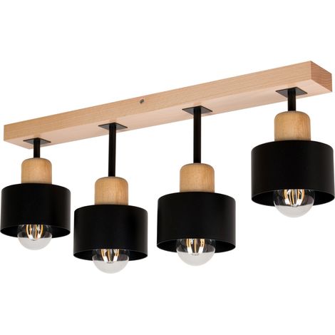 Lámpara de techo negra de madera y metal de estilo escandinavo, 4xE27, iluminación LED moderna para salón, cocina, dormitorio, habitación infantil, loft. (1/5)