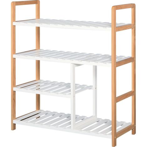 Etagère à Chaussures - étagère de Rangement - Meuble Chaussures 4 Niveaux Bois de pin étagères à Lattes MDF Blanc (1/5)