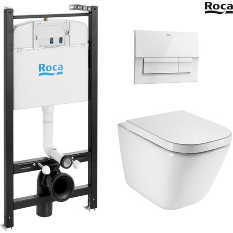 Pack bastidor ROCA duplo cisterna empotrada y pulsador PL7 blanco mate + inodoro suspendido swiss blanco cm soft-close
