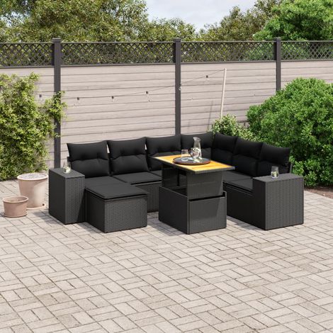 Ensemble Salon Jardin 8 Places Noir Résine Tressée avec Coussins - Table Réglable Hauteur - Mobilier Extérieur Modulaire (1/3)
