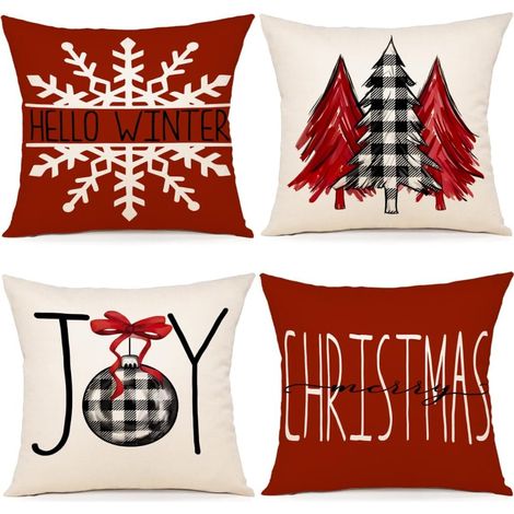Lot de 4 Housse de coussin 40x40 cm, Coton et lin, Fermeture éclair invisible, Décoration Noël pour salon, chambre