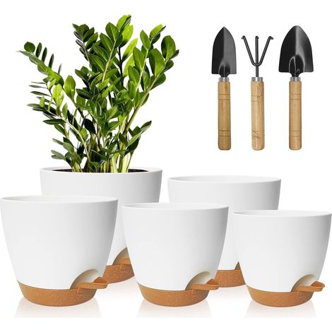 5 Pcs Pots de Fleurs pour Plantes d'Intérieur, Fleurs, Cactus 17.8/16.5/15.2/13.9/12.7cm Pot de Plantes,Auto-Arrosant avec Soucoupe,Convient aux Jardins de Balcon Intérieurs,Blanc Marron (1/5)