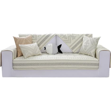 Housse de Canapé Coton Blanc Crème Brodé 70x70cm Antidérapante (1/5)