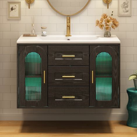 Meuble salle de bain mural 76x46x55cm vasque intégrée finition bois noir porte verre cannelé LED tiroirs étagères robinet non fourni (1/5)
