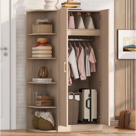 Armadio a 2 ante 90 x 55 x 170 cm con ripiani e barra appendiabiti, legno naturale (1/5)