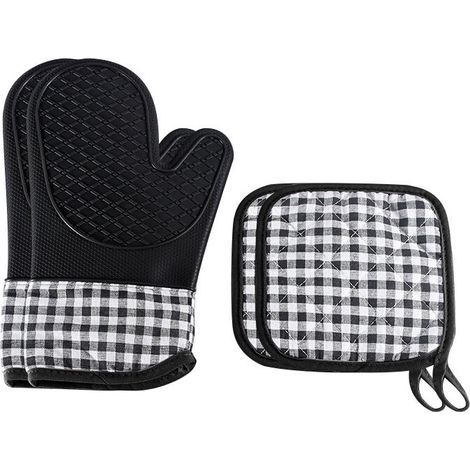 Gants de Four et Maniques, Gants de Cuisine Gants de Four Anti-Chaleur Jusqu'à Gants de Barbecue Antidérapants avec Doublure en Coton pour Cuisine, Cuisson, Pâtisserie, Grillage,Noir, (1/5)