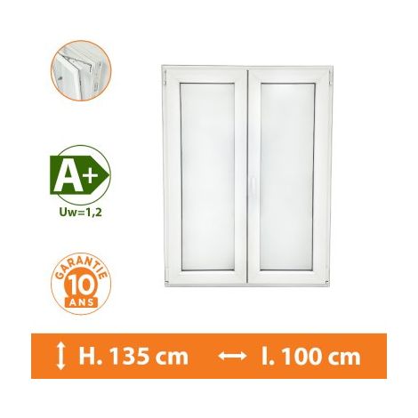 Direct Fenêtres – Fenêtre PVC 2 vantaux blanc H.135 x l.100 cm – Double vitrage 4/16/4 – Isolation thermique Uw=1,2 – Ouverture oscillo-battante (1/5)