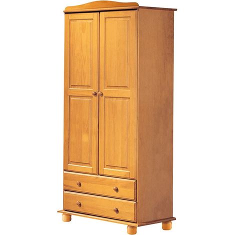 Armoire, meuble de rangement en pin massif coloris miel avec 2 portes et 2 tiroirs - Longueur 90 x Profondeur  52 x Hauteur 197 cm (1/2)