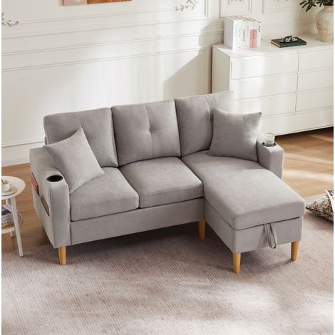 Sofá esquinero 175/129/90 cm en gris claro con chaise longue, almacenaje y 2 cojines (1/5)