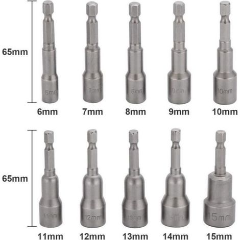 Embouts Douille - 10 Pièces 6 mm à 15 mm - Pour Visseuse À Chocs Et Perceuse - Hexagonal - Acier Cr-V - Magnétique (1/4)