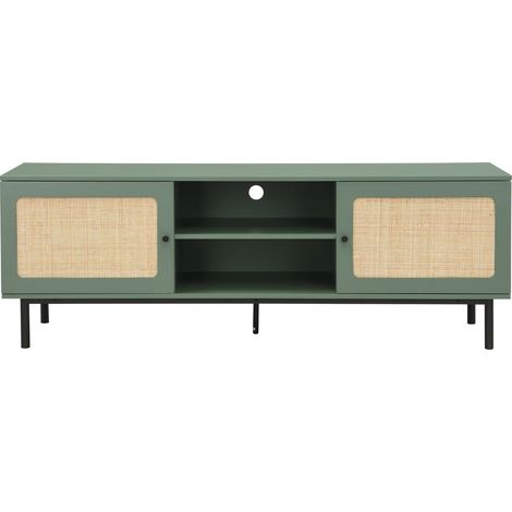 Meuble TV 2 portes vert et cannage 160 cm - Luma