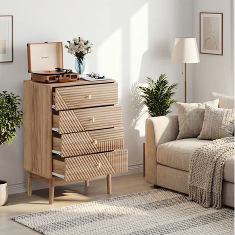 Commode en MDF et panneaux de particules décor chêne 60 x 40 x 90 cm avec 4 tiroirs (1/5)
