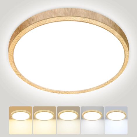 Plafonnier LED, 24W 2800LM Luminaire Plafonnier Salle de Bain, IP54 Etanche & 5 Couleurs(3000K/3500K/4000K/5000K/6500K), Lampe Plafond Rond pour Cuisine, Chambre, Couloir, GarageØ30CM Bois (1/5)