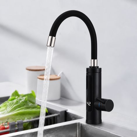 Robinet de Cuisine Électrique Instantané Noir 3300W avec Tuyau Flexible en Silicone, Affichage de la Température, Sécurité Différentielle et Corps en Inox SUS304 (1/5)
