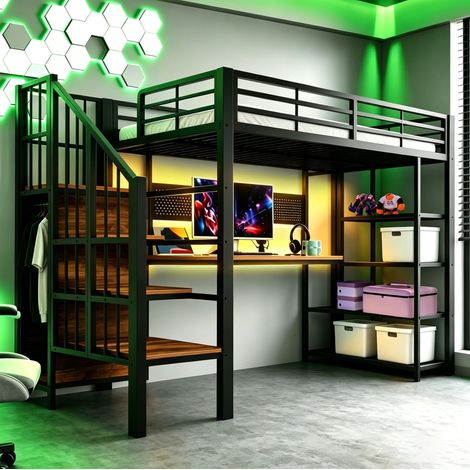 Lit mezzanine moderne 90x200 cm métal et bois noir avec escalier de rangement, bureau, panneau perforé, prises et LED (1/5)