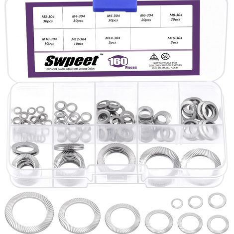 Lot de 160 rondelles de verrouillage à double face en acier inoxydable 304 de 9 tailles M3 M4 M5 M6 M8 M10 M12 M14 M16 en acier inoxydable 304 (1/5)
