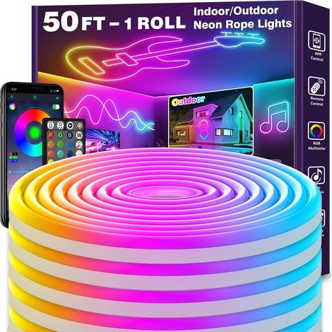 Bande LED néon de 15 m, bande lumineuse IP68 pour une utilisation extérieure et intérieure, tube lumineux flexible étanche avec application et télécommande, ruban LED pour salon, chambre, salle de jeu