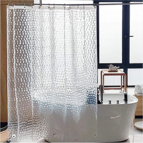 Transparent Shower Curtain, 180x180cm 3D Bathroom Shower Curtain PEVA Anti-mold Antibacterial Waterproof Washable with Rings Hooks for Bathtub, PVC Free