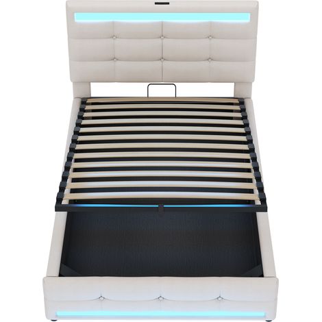 Cama tapizada 90x200 cm con almacenaje hidráulico, LED RGB y 2 puertos USB, beige (1/5)