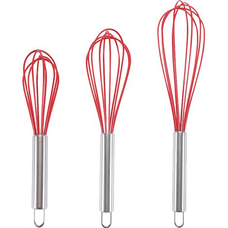 Fouet En Silicone - 3 Pièces - Manche En Acier Inoxydable Creux - Résistant Aux Rayures - Pour Batterie De Crêpes Et Préparations Cuisine - Set Complet (1/5)