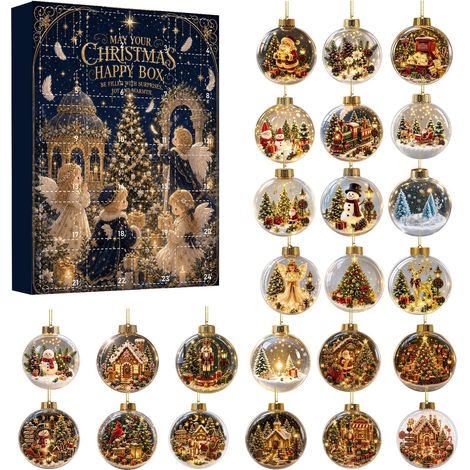 Eine Überraschungsgeschenkbox mit 24-tägigem Countdown, die Vintage-Weihnachtsdekorationen aus Acryl (Weihnachtskugeln), Vintage-Dekorationskugeln (Szenen) und Christbaumschmuck enthält. (1/5)