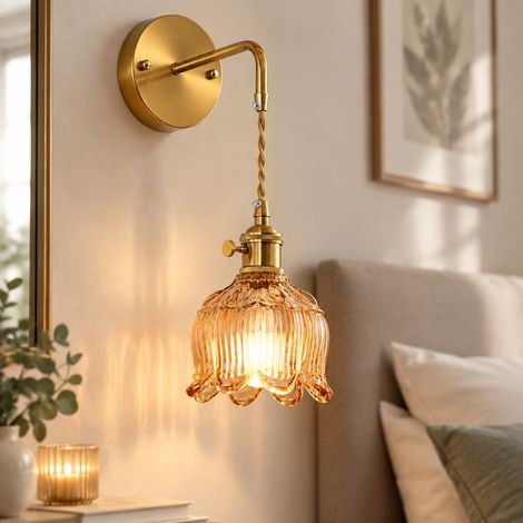 Applique da parete senza fili con telecomando, illuminazione in vetro ambrato per soggiorno e camera da letto, senza bisogno di cablaggio (lampadine non incluse) (1/4)