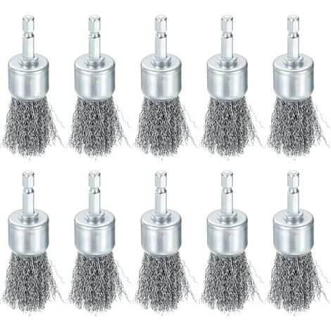 10 Pcs Fil Brosse pour Perceuse 1" Dia. Abrasif Fil Roue 1/4" Hex Tige Carbone Acier Tasse Brosse Grossier Ondulé Perceuse Accessoire pour Nettoyage Rouille Peinture Abrasif (1/5)