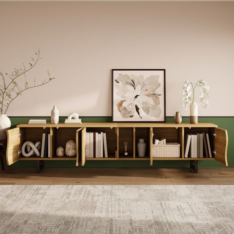 Mobile TV a 5 ante191x38x46.5cm Soluzione salvaspazio finitura naturale MDF struttura leggera in ferro (1/5)