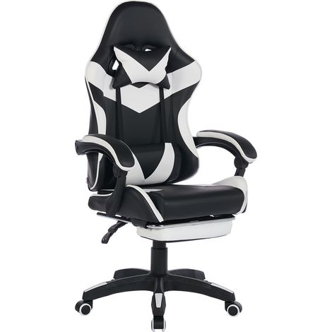 Chaise de bureau de gaming ergonomique pivotante à 360°, au design course, en cuir, dossier haut, hauteur réglable, avec repose-pieds, appui-tête et soutien lombaire pour bureau et gaming – Noir&Blanc (1/5)