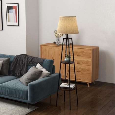 Lampe sur pied à 2 étagères en métal et MDF avec Paralume en Tessuto, Ø42x166 cm, noir et marron - Ce luminaire de haute qualité allie design élégant et fonctionnalité optimale, parfait pour embell... (1/4)