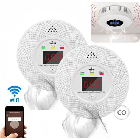 Lot de 2 détecteurs de fumée, alarmes incendie Wi-Fi, détecteurs de monoxyde de carbone, adaptés aux cuisines, maisons et garages. (1/5)