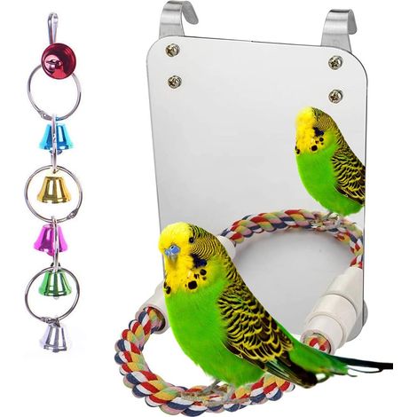 7-Zoll-Vogelspiegel mit Seilsitzstange, Vogelspielzeug, Schaukel, bequeme Sitzstange für Graupapageien, Amazonen, Wellensittiche, Nymphensittiche, Sittiche, Unzertrennliche, Finken und Kanarienvögel
