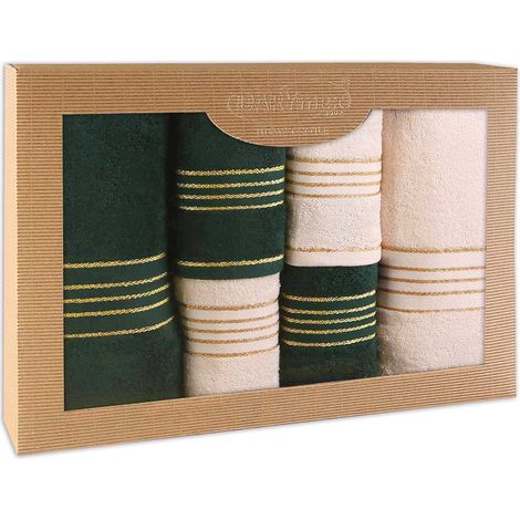 Juego de toallas de algodón, 6 piezas por caja, 50x90 + 70x140, color crema y verde oscuro. (1/5)