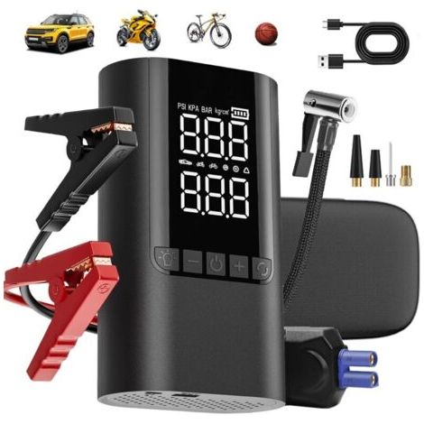 Booster Batterie Voiture 6000A 10000mAh-Démarreur de Batterie 12V Essence & Diesel–Compresseur d'Air 150PSI avec Affichage Intelligent–Chargeur USB Rapide–Éclairage LED & Mode SOS–Portable
