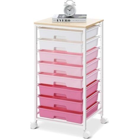 Carrello da bagno con 8 cassetti - Carrello portaoggetti con rotelle e vassoio in legno - Per salotto, camera da letto, ufficio - Grande capacità, Multicolore (1/5)