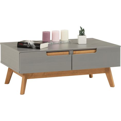 Idimex – Table basse fixe scandinave 36x90x60 cm – 2 tiroirs et 2 niches de rangement – Pin massif lasuré gris – Design épuré et contemporain (1/4)