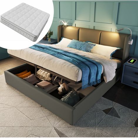 Bett mit Stauraum 160x200 cm grau in PU, Kopfteil mit Leselicht, USB-Ladefunktion und 7-Zonen-H3-Matratze