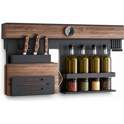 Mensola da parete in noce per cucina 66 cm con 5 ganci (1/5)