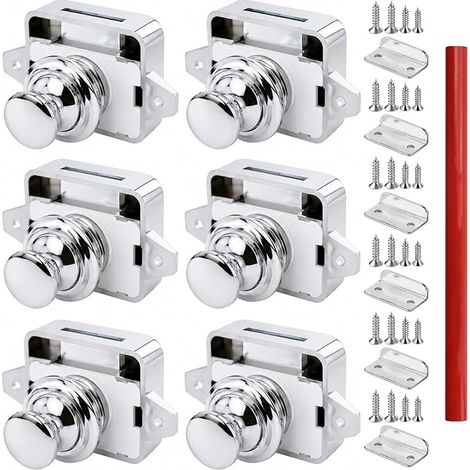 Lot de 6 verrous à pression chromés pour caravane avec 1 crayon de charpentier, bouton poussoir pour tiroir, placard, porte, pour camping-car, van, bateau (1/5)
