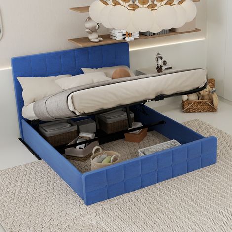 Letto imbottito Blu 160x200 cm in flanella, testiera trapuntata, design moderno (1/5)