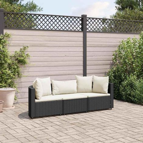 Set de sofás de jardín con cojines 3 pzas ratán sintético negro