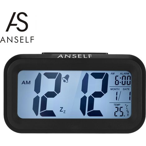 Anself LED-Digitalwecker mit Wiederholungsfunktion, Schlummerfunktion, Lichtsensor, Hintergrundbeleuchtung, Anzeige von Uhrzeit, Datum und Temperatur, Schwarz (1/5)