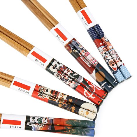 Lot de 5 paires de baguettes en bois lavables et résistantes, idéales pour la maison, l'hôtel ou un mariage (motif chat). (1/5)